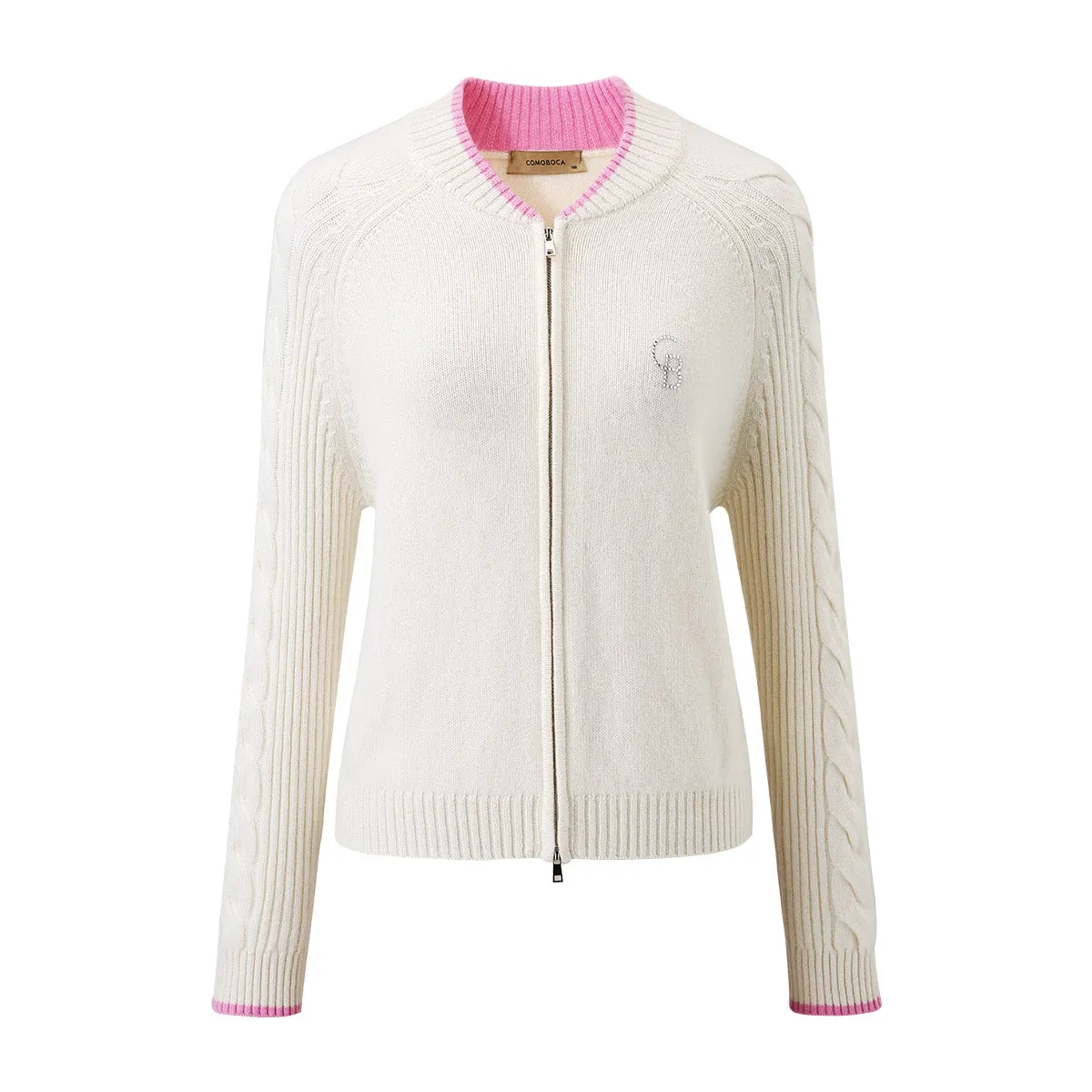 100% Cashmere Cable Dual Zipper Contrasting Trim Knit Cardigan