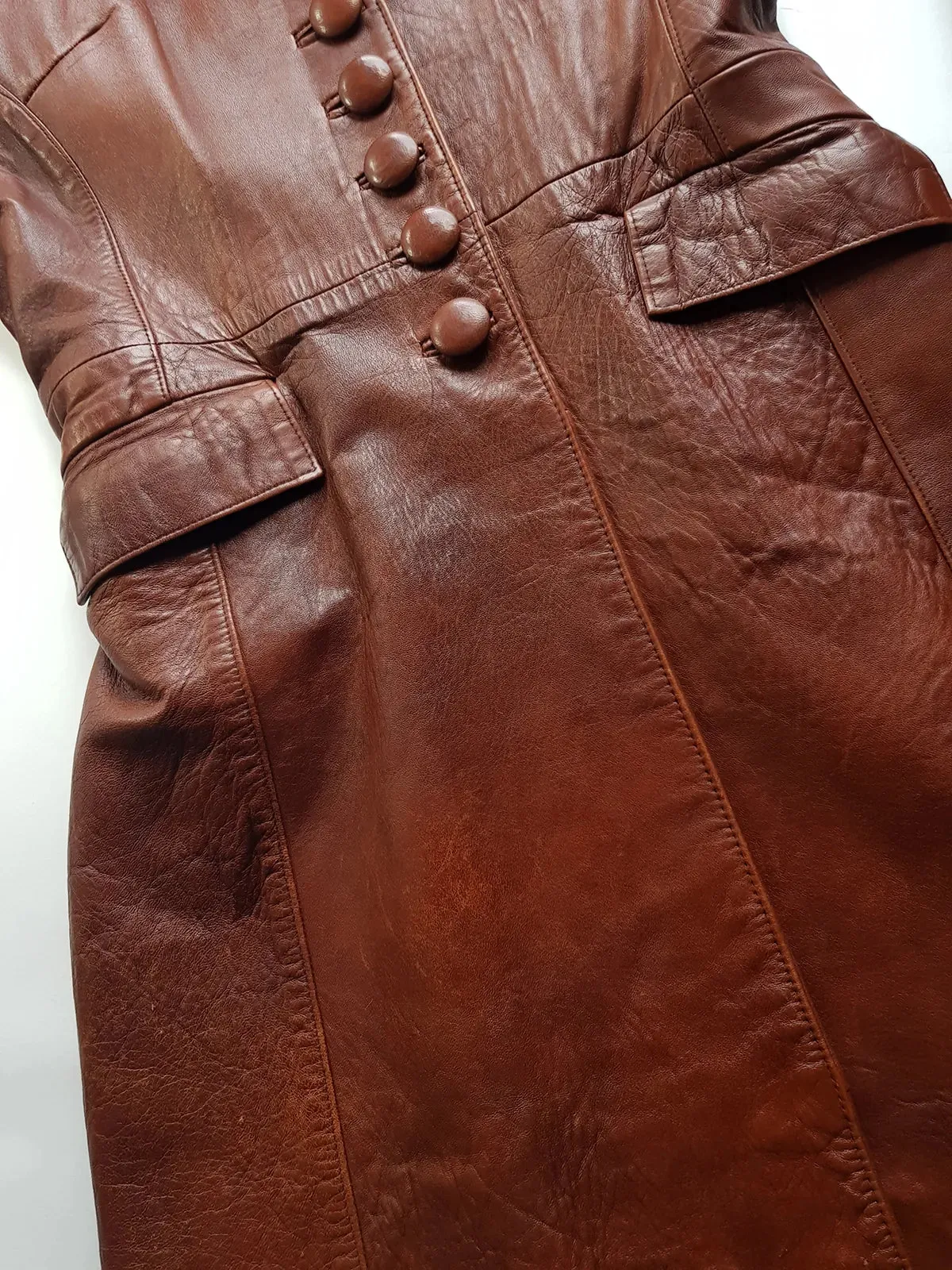 1970s English Made Congac Brown Leather Coat - Beautiful Leather Buttons & Perfect Knee Length