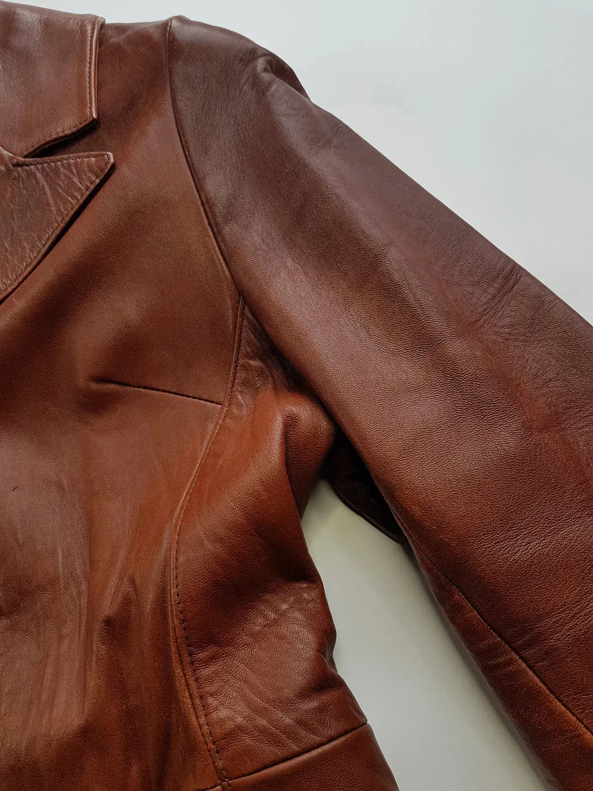 1970s English Made Congac Brown Leather Coat - Beautiful Leather Buttons & Perfect Knee Length