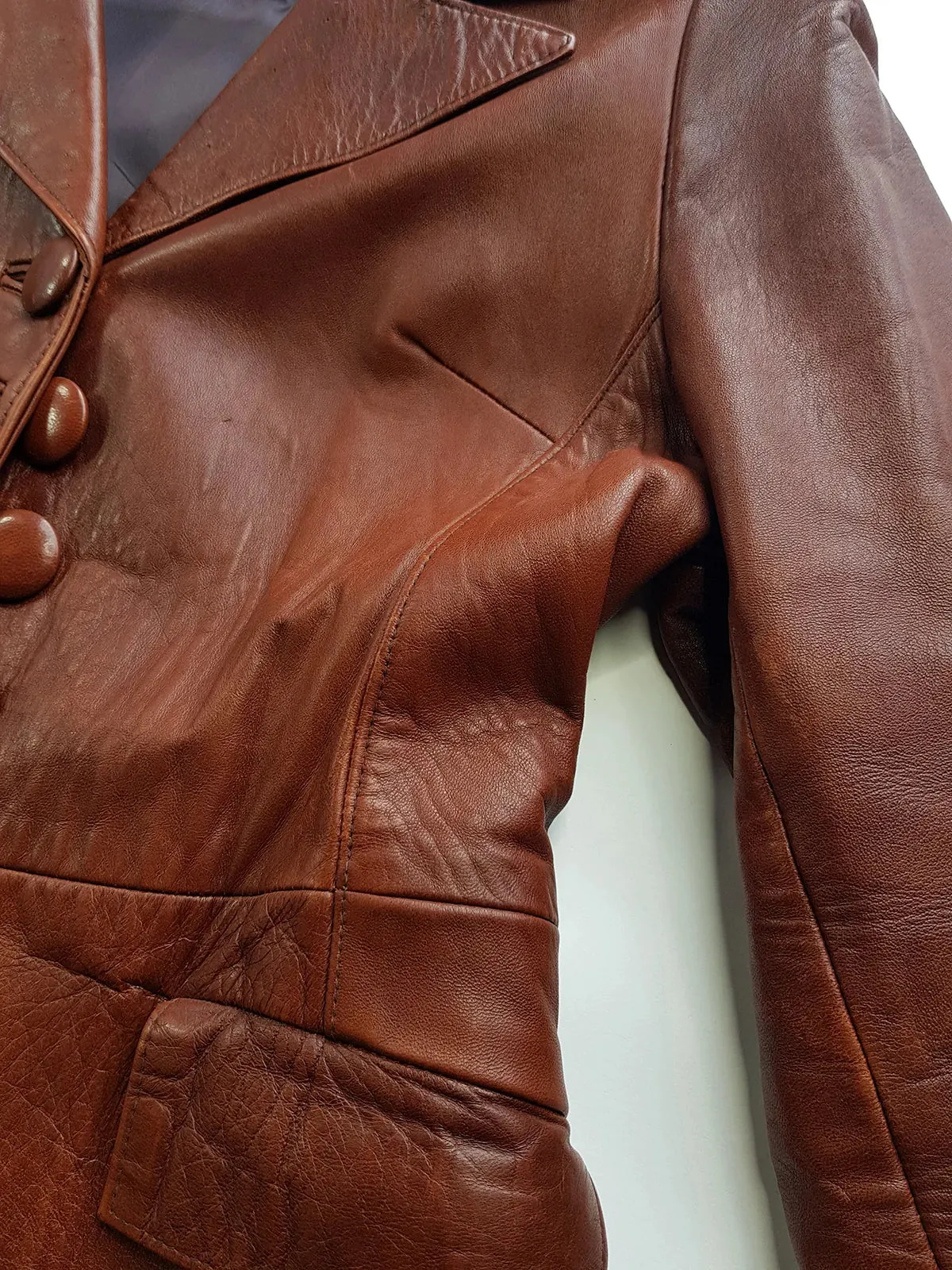 1970s English Made Congac Brown Leather Coat - Beautiful Leather Buttons & Perfect Knee Length