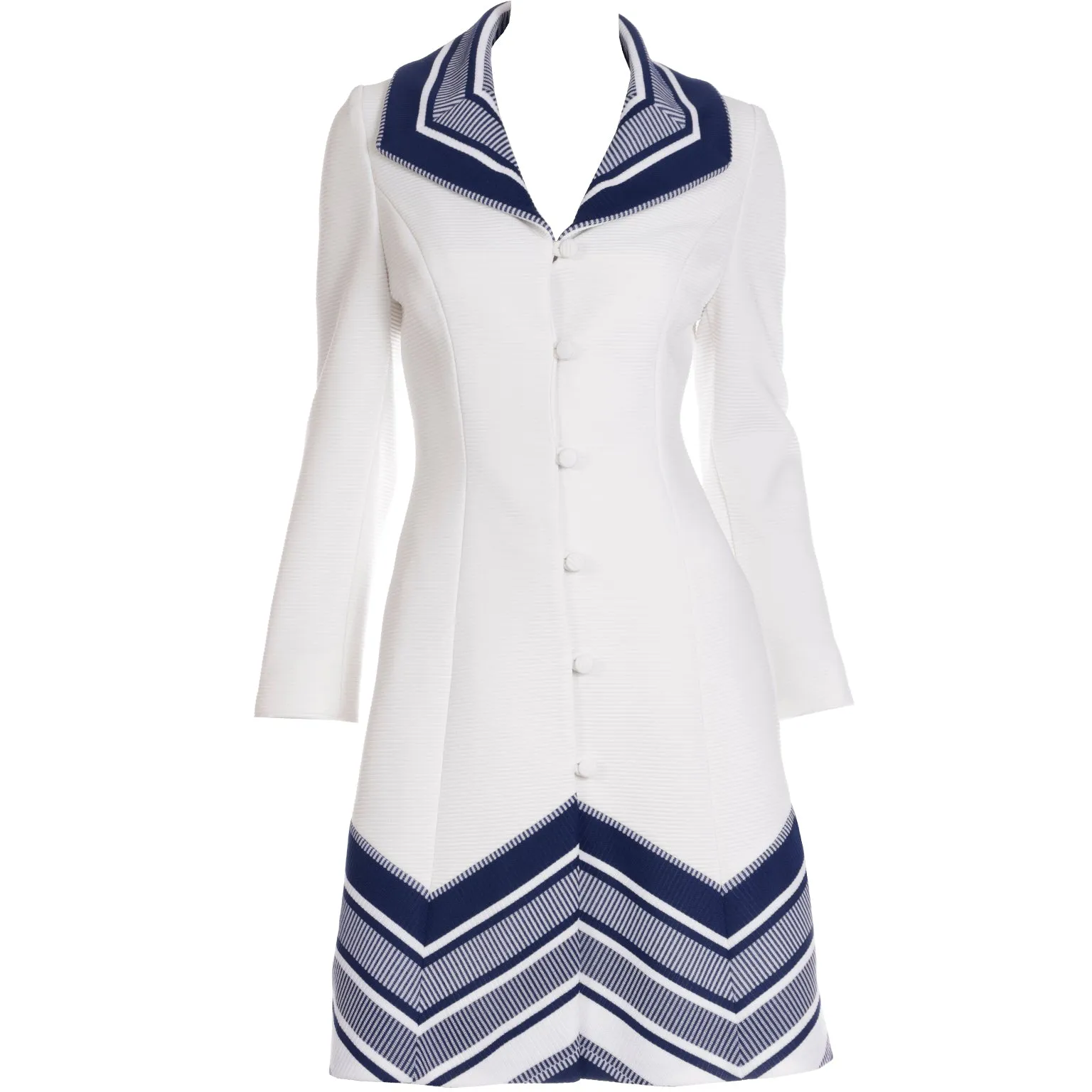 1970s Lilli Ann Knits White Coat W Navy Blue & White Chevron