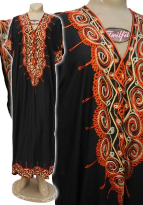 1970s Vintage Black & Orange Crewel Embroidered Kaftan Dress