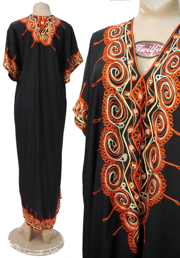 1970s Vintage Black & Orange Crewel Embroidered Kaftan Dress