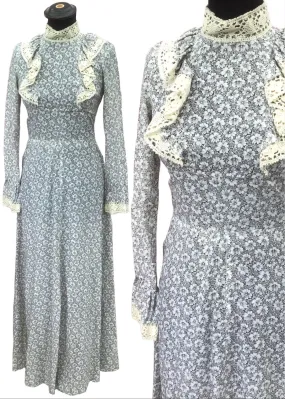 1970s Vintage Grey Floral Prairie Maxi Dress by Mr Darren