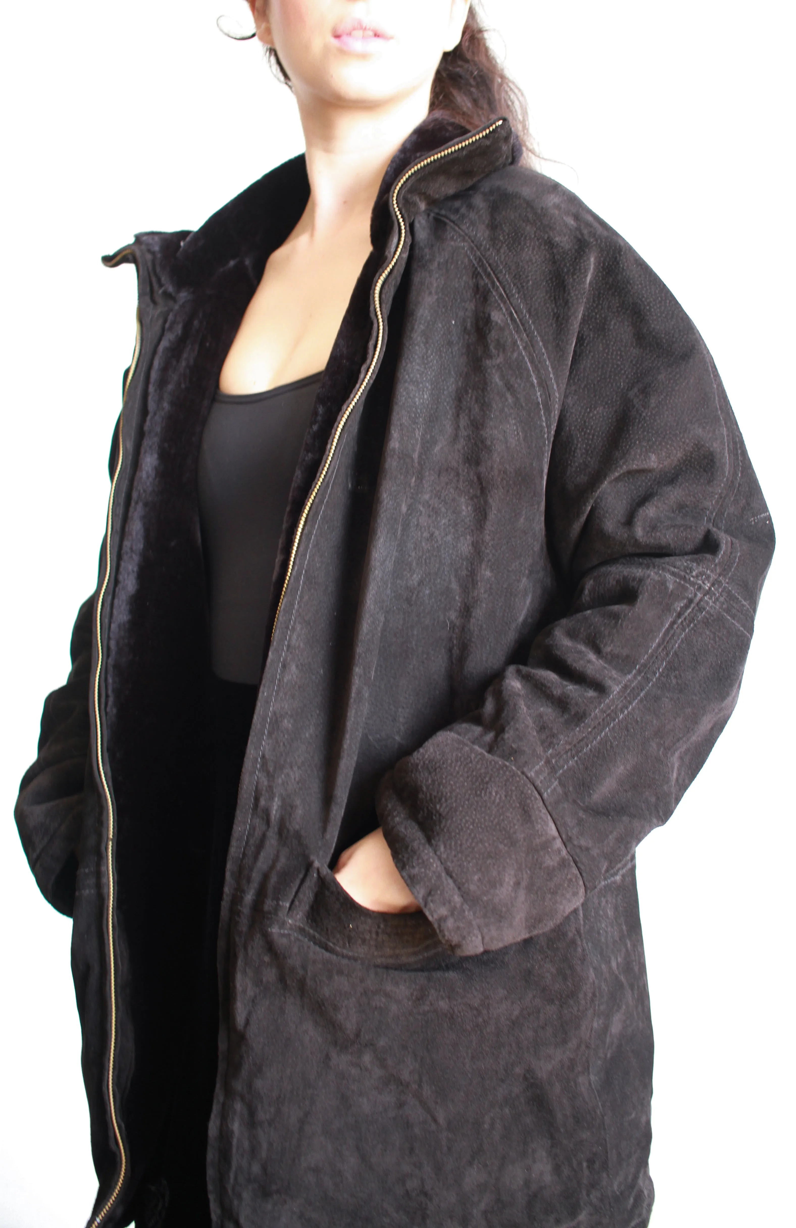 1980s Black Suede Teddy Reversible Oversized Coat