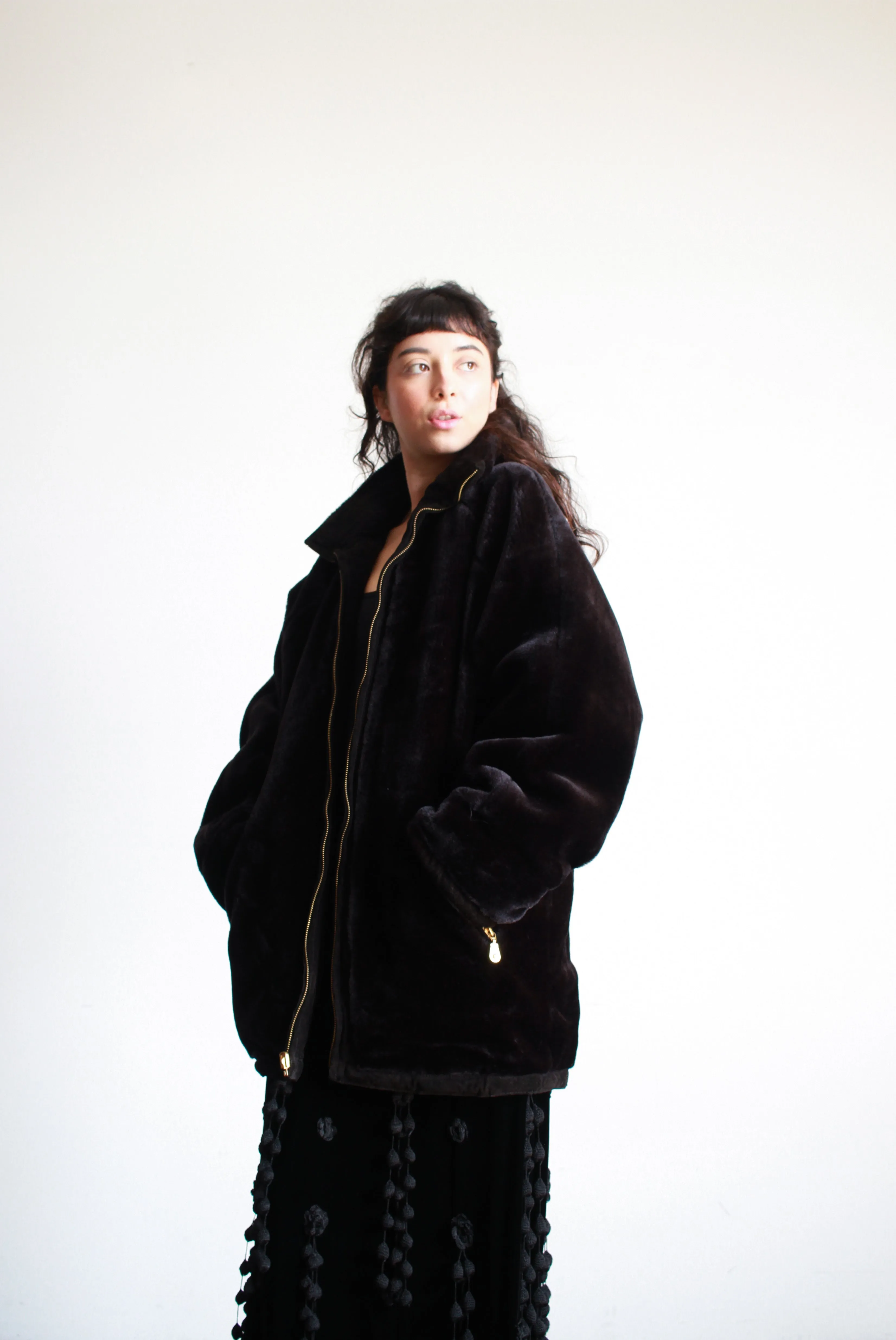 1980s Black Suede Teddy Reversible Oversized Coat