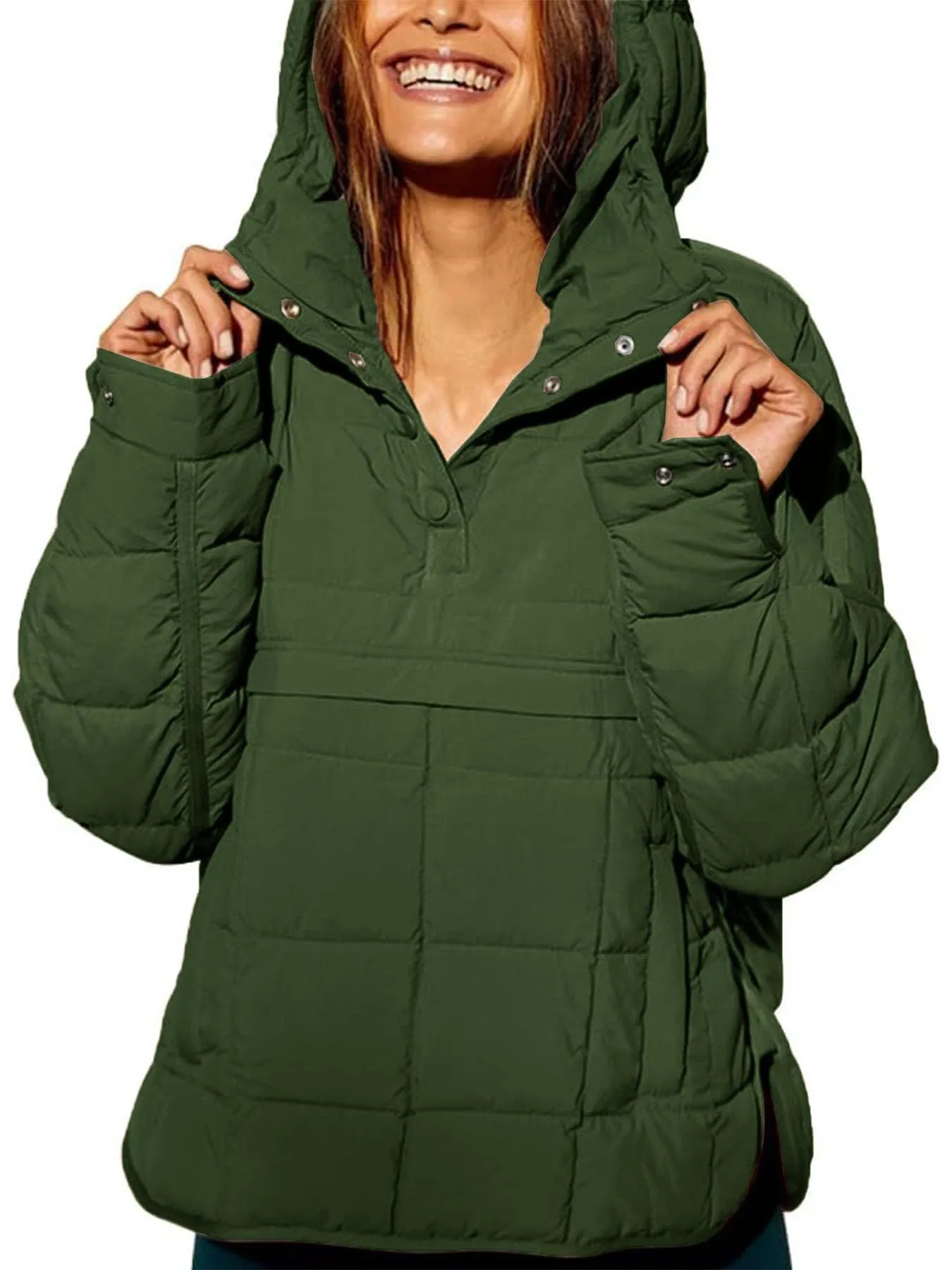 2023 Cross-border  Autumn and Winter Solid Color Hooded Cotton Clothing Foldable Filled Pullover Pocket Long Sleeve Jacket Women