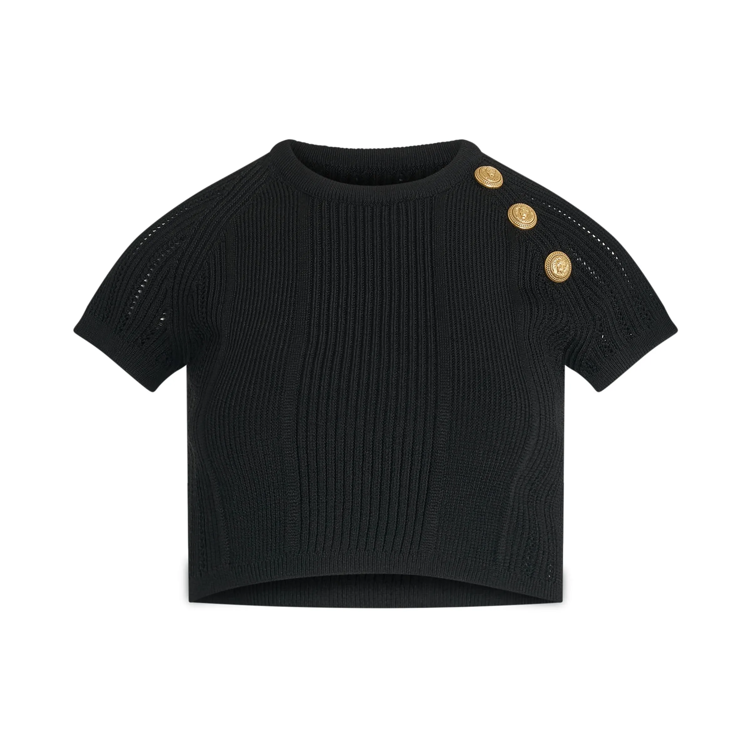 3 Button See Through Knit Crop Top in Black