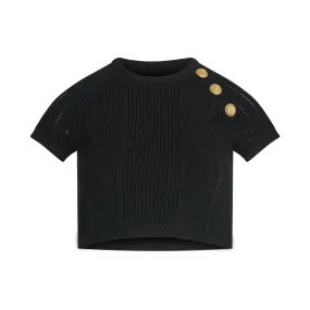 3 Button See Through Knit Crop Top in Black