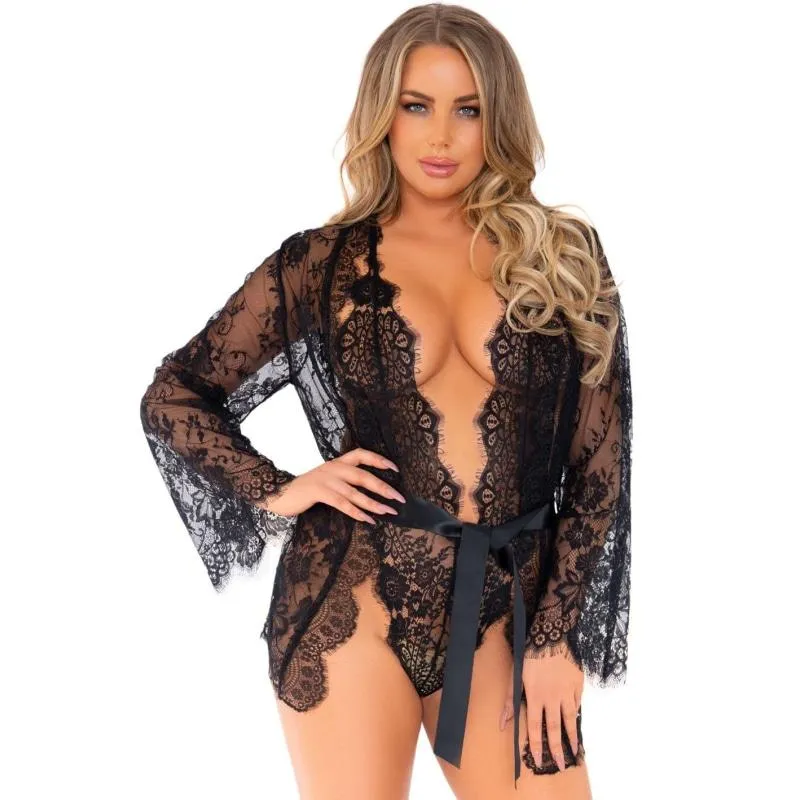 3pc Lace Teddy and Robe Set - Black - Large