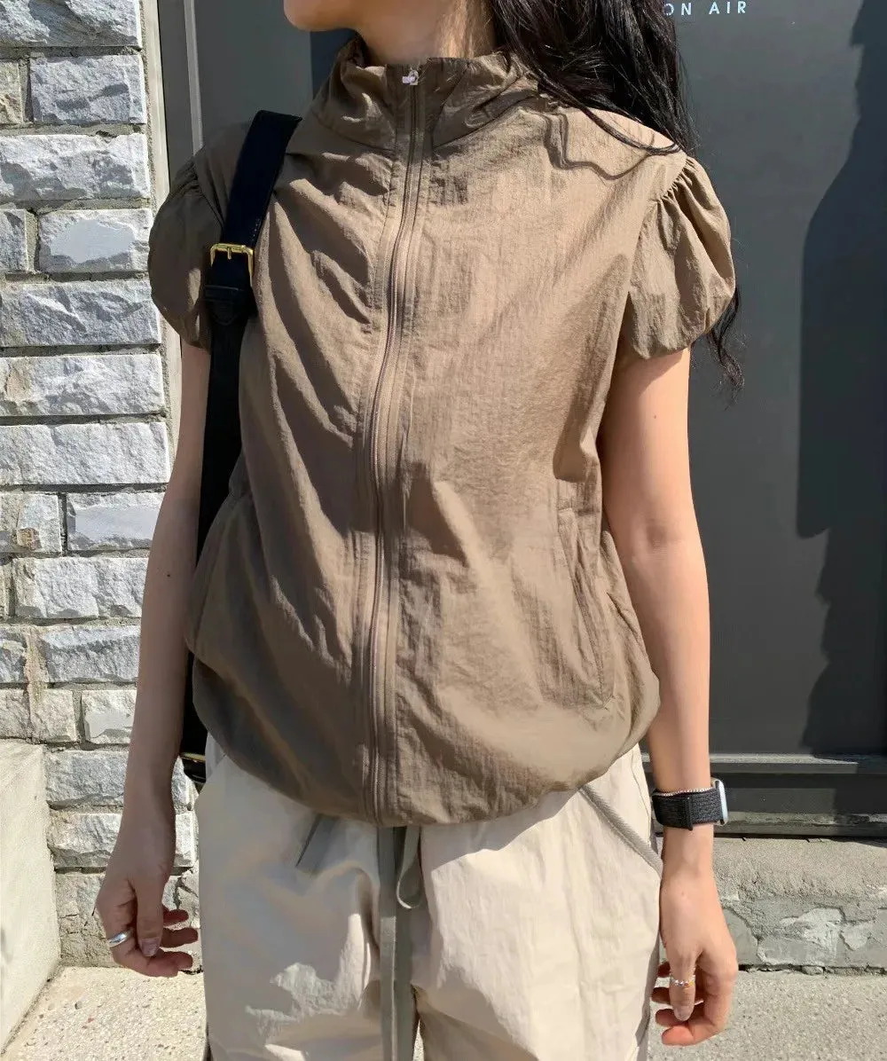 Aiertu Summer Thin Sun Protection Short Sleeve Jackets Vintage Slim Stand Neck Coat Casual Zipper Y2k Aesthetic Cargo  Solid Coats