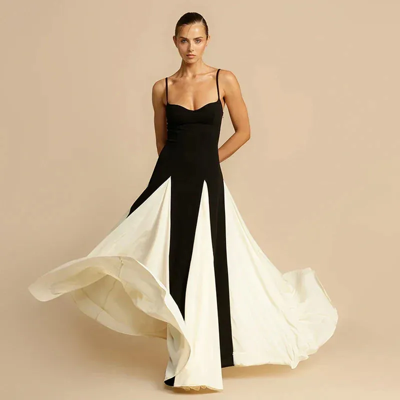 Amozae-Contrast Color Suspender Maxi Evening Dress Women's With Lining Sexy Backless Splice Sleeveless Long Party Dress Female