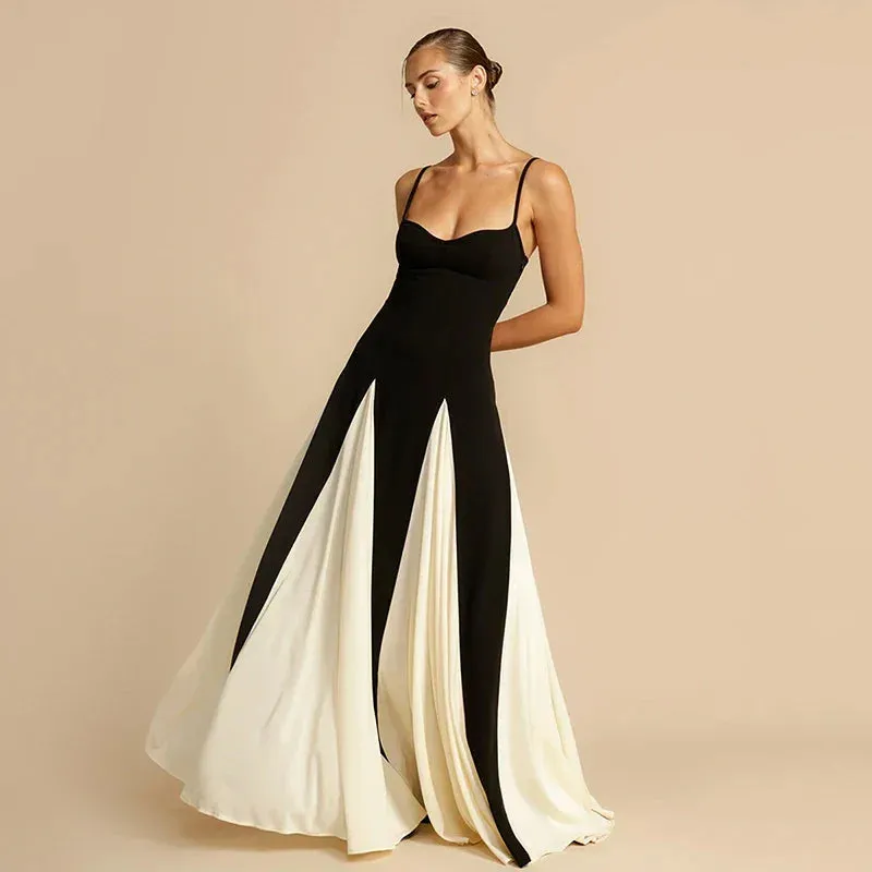 Amozae-Contrast Color Suspender Maxi Evening Dress Women's With Lining Sexy Backless Splice Sleeveless Long Party Dress Female