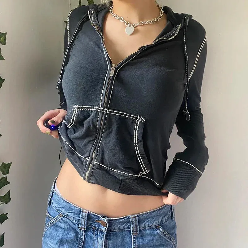 Amozae-Fall Outfits Streetwear y2k 90s Fashion Gothic  Harajuku Vintage Zip Up Hoodies 90s Aesthetics Y2K Sweatshirts with Pockets E-girls Dark Academia Grunge Coat Crop Top