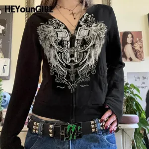 Amozae Grunge Aesthetic Hooded Zipper Coat Y2K Graphic Print Long Sleeve Vintage Black Hoodies Gothic Style Fashion Street