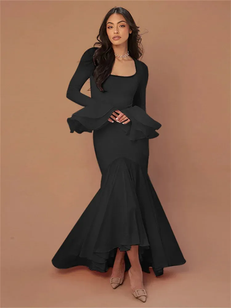 Amozae Ruffled Square Collar Fashion Maxi Dress For Women Bandage Slim See-Through High Waist Party Dress Gown Women's Long Dress