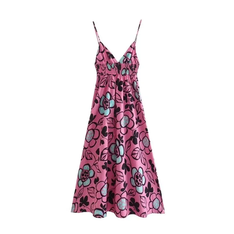 Amozae  Sunflower Backless Elastic Backless Women Summer Pink Sundress V Neck Elegant Boho New Dress Maxi Long Floral Dress