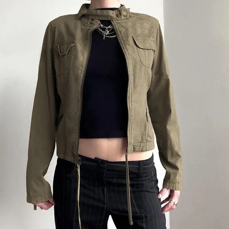 Amozae Women Patchwork Stand Collar Military Jacket Vintage Y2K Autumn Pockets Zipper Coat Grunge Style Streetwear Outfits