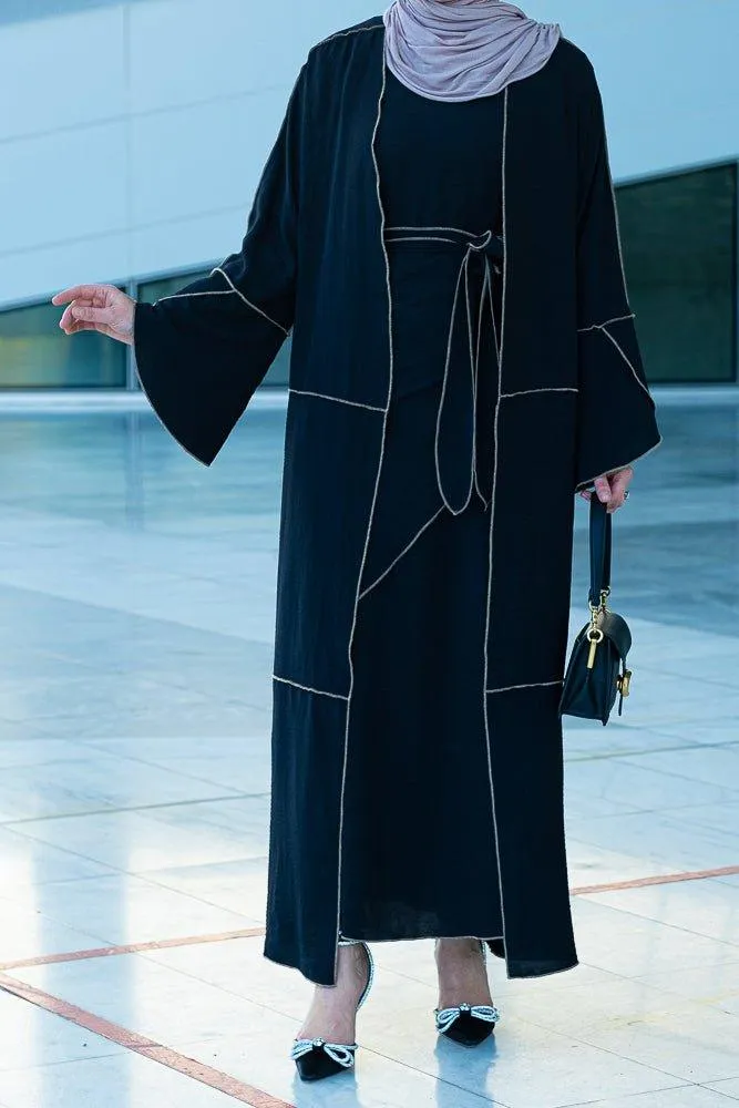 Audria black three piece lightweight maxi abaya with brown contrast piping