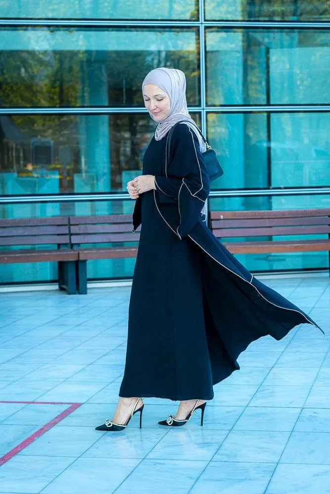 Audria black three piece lightweight maxi abaya with brown contrast piping