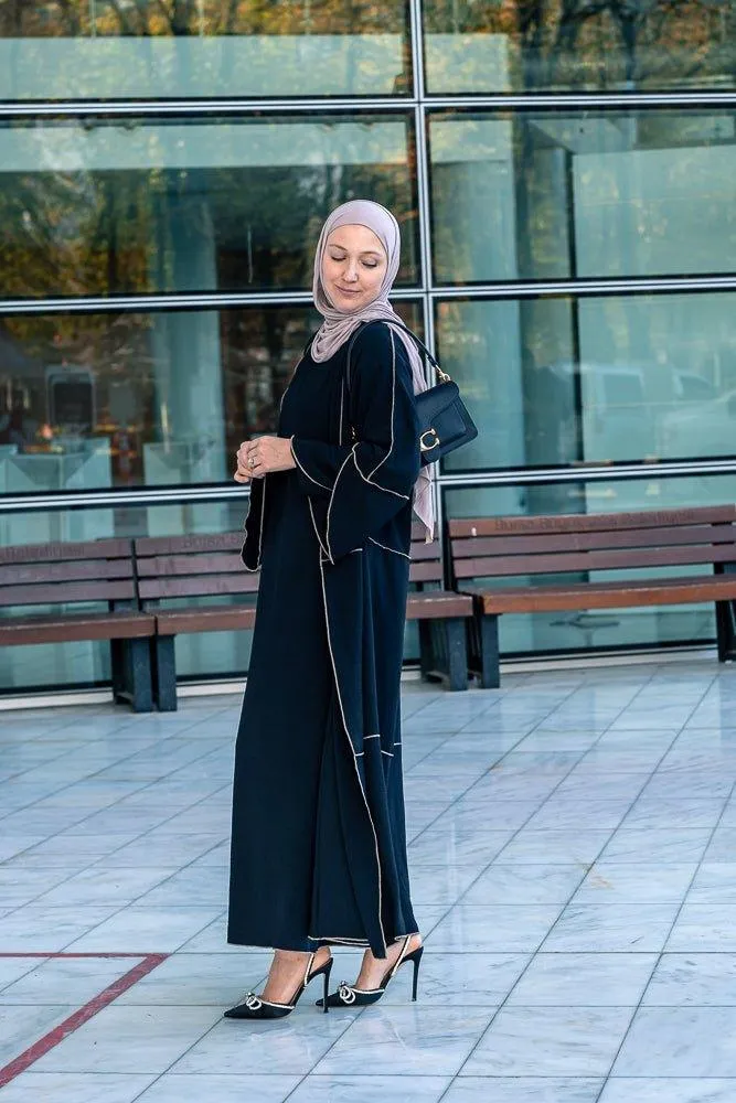 Audria black three piece lightweight maxi abaya with brown contrast piping