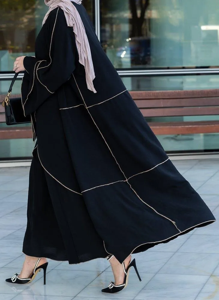 Audria black three piece lightweight maxi abaya with brown contrast piping