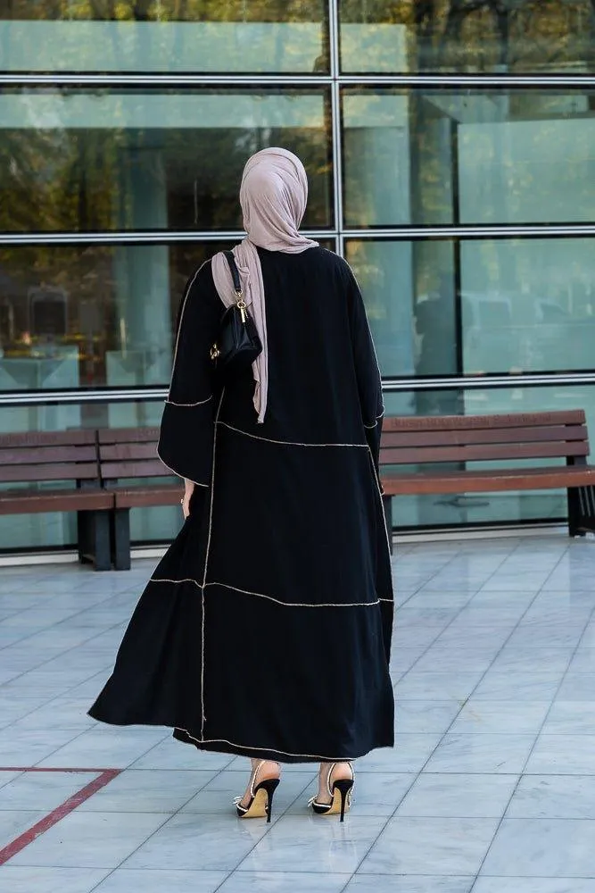 Audria black three piece lightweight maxi abaya with brown contrast piping