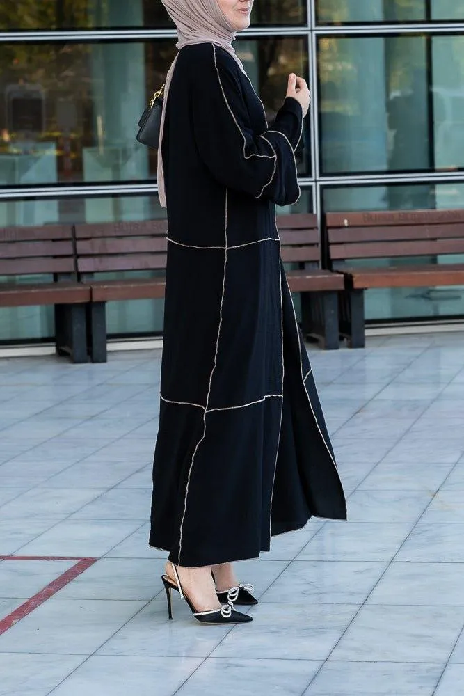 Audria black three piece lightweight maxi abaya with brown contrast piping