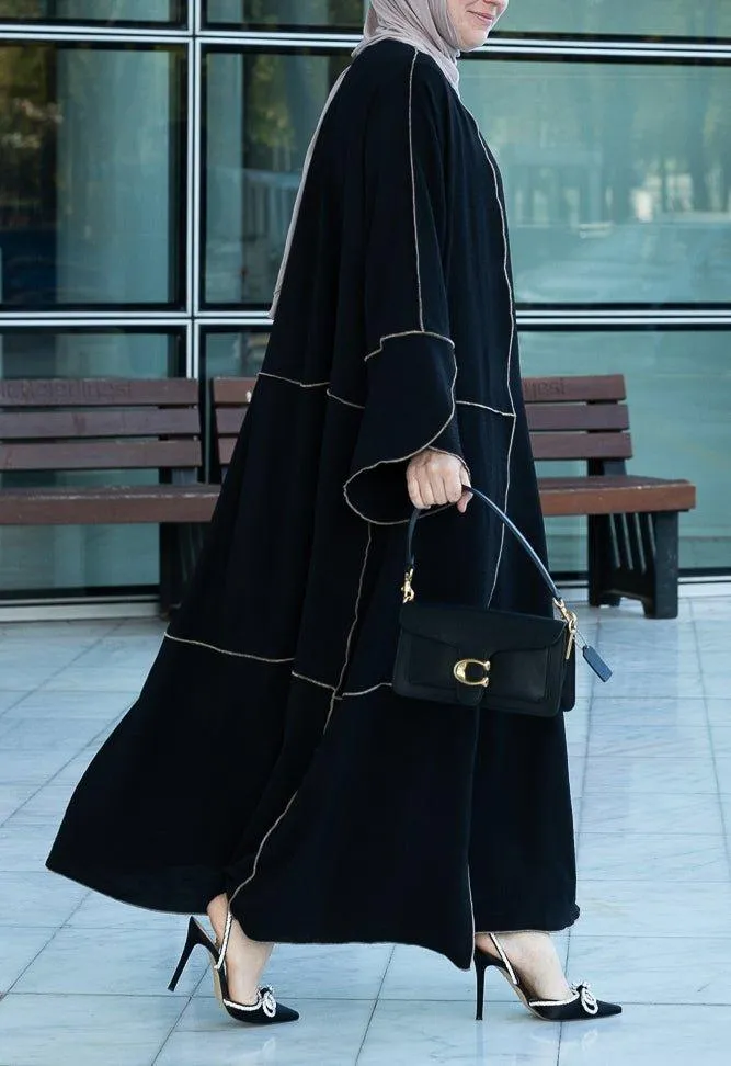 Audria black three piece lightweight maxi abaya with brown contrast piping