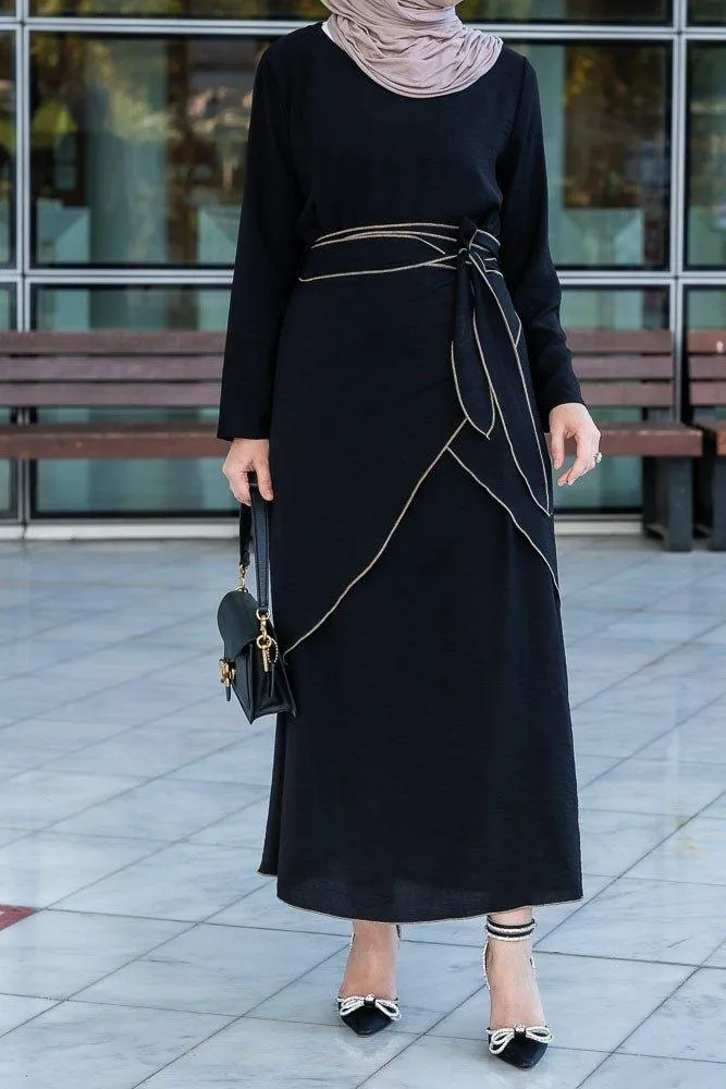 Audria black three piece lightweight maxi abaya with brown contrast piping