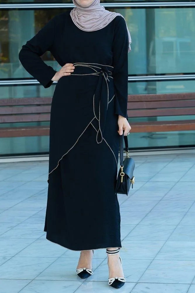 Audria black three piece lightweight maxi abaya with brown contrast piping