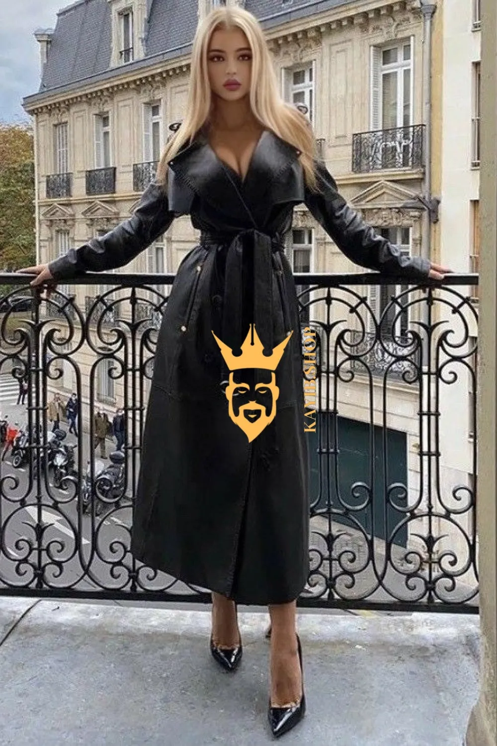 Autumn Elegance: Extra Long Oversized Black Faux Leather Trench Coat for Women - Trendsetting Fashion with Double-Breasted Style, Long Sleeves, and Cinch Belt