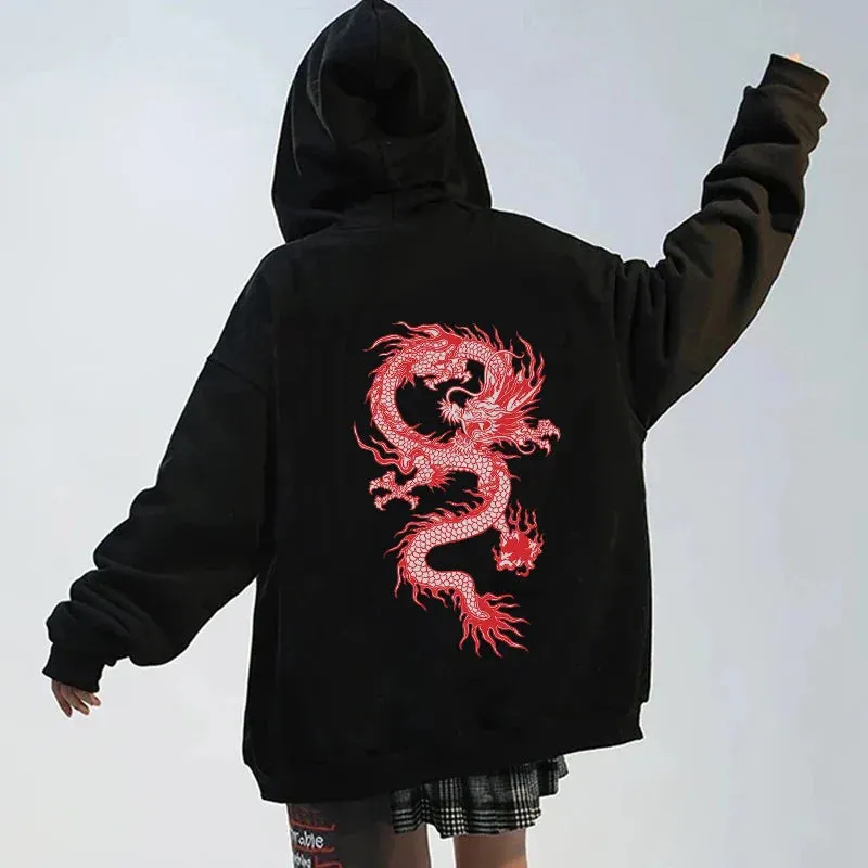 Back To School Joskaa Chinese Dragon Print Gothic Streetwear Long Sleeve Zip Up Hoodies Y2k Grunge Clothes Sweatshirt Fashion Punk Sport Coat Pullover