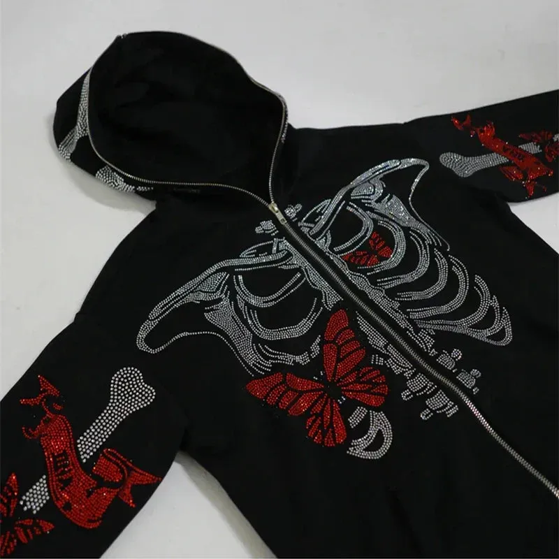 Back To School Joskaa Gothic Grunge Rhinestones Butterfly Skeleton Print Sweatshirt Punk Zip Up Hoodie Y2K Aesthetics Retro Oversized Coat Top