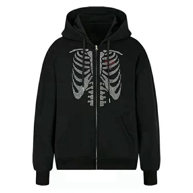 Back To School Joskaa Gothic Grunge Rhinestones Butterfly Skeleton Print Sweatshirt Punk Zip Up Hoodie Y2K Aesthetics Retro Oversized Coat Top