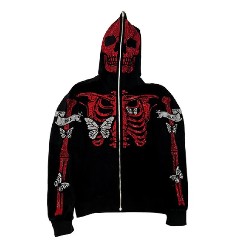 Back To School Joskaa Gothic Grunge Rhinestones Butterfly Skeleton Print Sweatshirt Punk Zip Up Hoodie Y2K Aesthetics Retro Oversized Coat Top