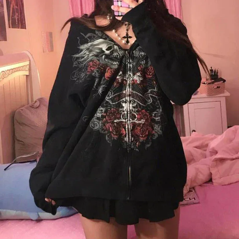 Back To School Joskaa Vintage Dark Academia Harajuku Zip Up Hoodies Gothic Grunge Skull Print Sweatshirts Autunm Spring Y2K Aesthetic Coat Tops