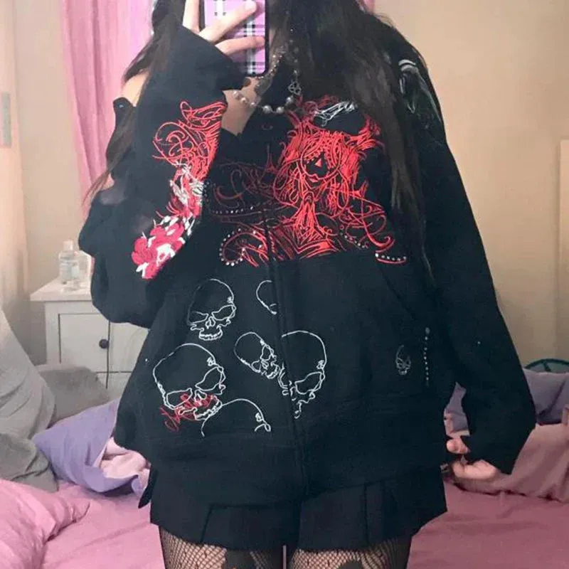 Back To School Joskaa Vintage Dark Academia Harajuku Zip Up Hoodies Gothic Grunge Skull Print Sweatshirts Autunm Spring Y2K Aesthetic Coat Tops