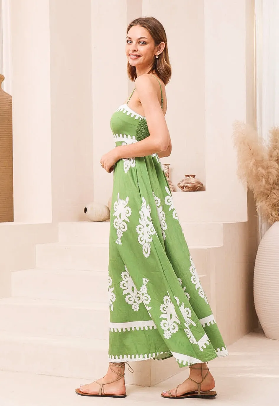 Bali Dreams  Green/White Maxi  Dress