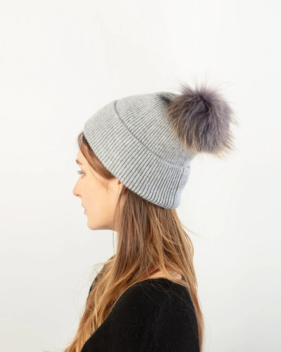 Basic Ribbed Knit Pom Pom Beanie