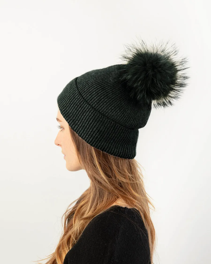 Basic Ribbed Knit Pom Pom Beanie