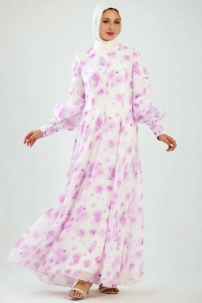 Basma Flared Sleeve High Neck Maxi Dress in Floral Chiffon