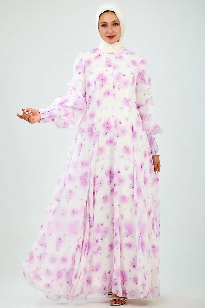 Basma Flared Sleeve High Neck Maxi Dress in Floral Chiffon