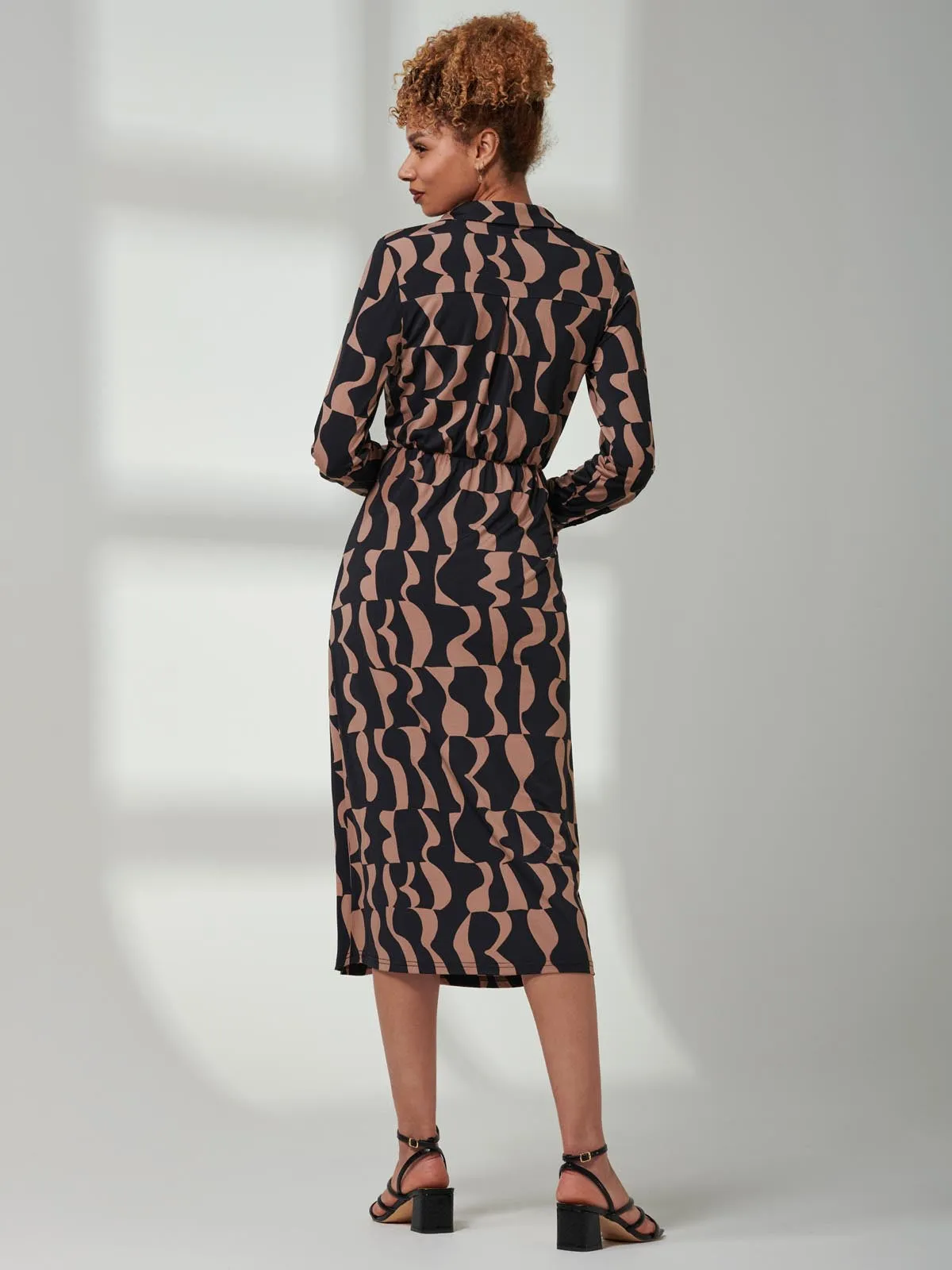 Becca Long Sleeve Jersey Shirt Dress, Brown Pattern