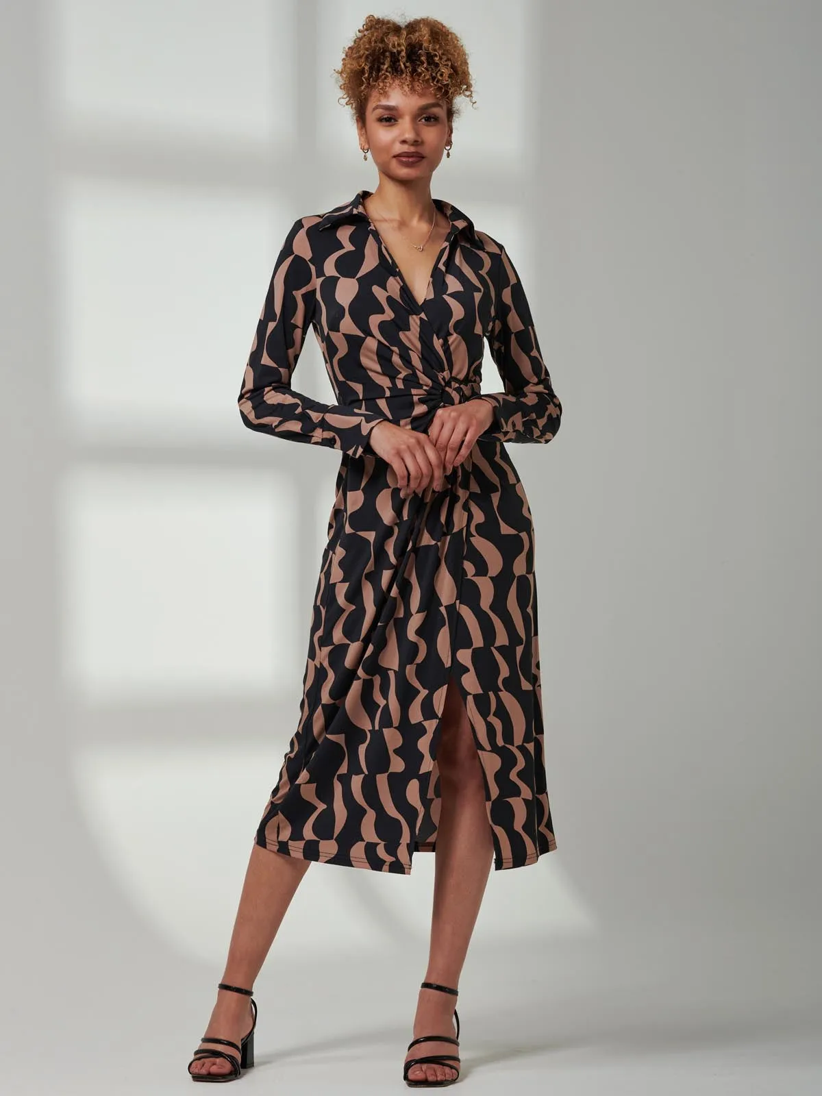 Becca Long Sleeve Jersey Shirt Dress, Brown Pattern