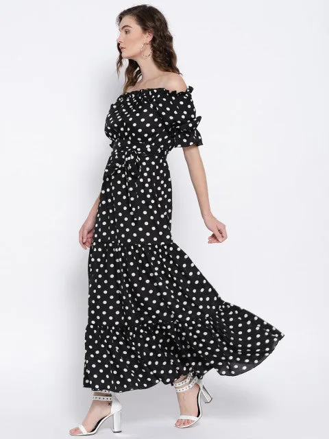 Berrylush Women Black & White Polka Dot Printed Off-Shoulder Waist Tie-Up Flounce Maxi Dress