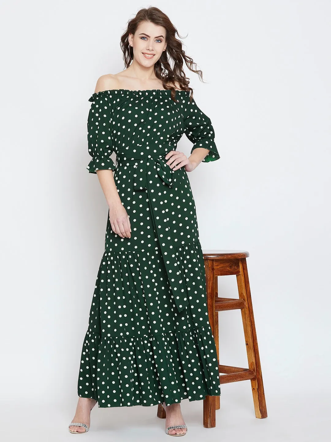 Berrylush Women Green & White Polka Dot Printed Off-Shoulder Waist Tie-Up Tiered Maxi Dress