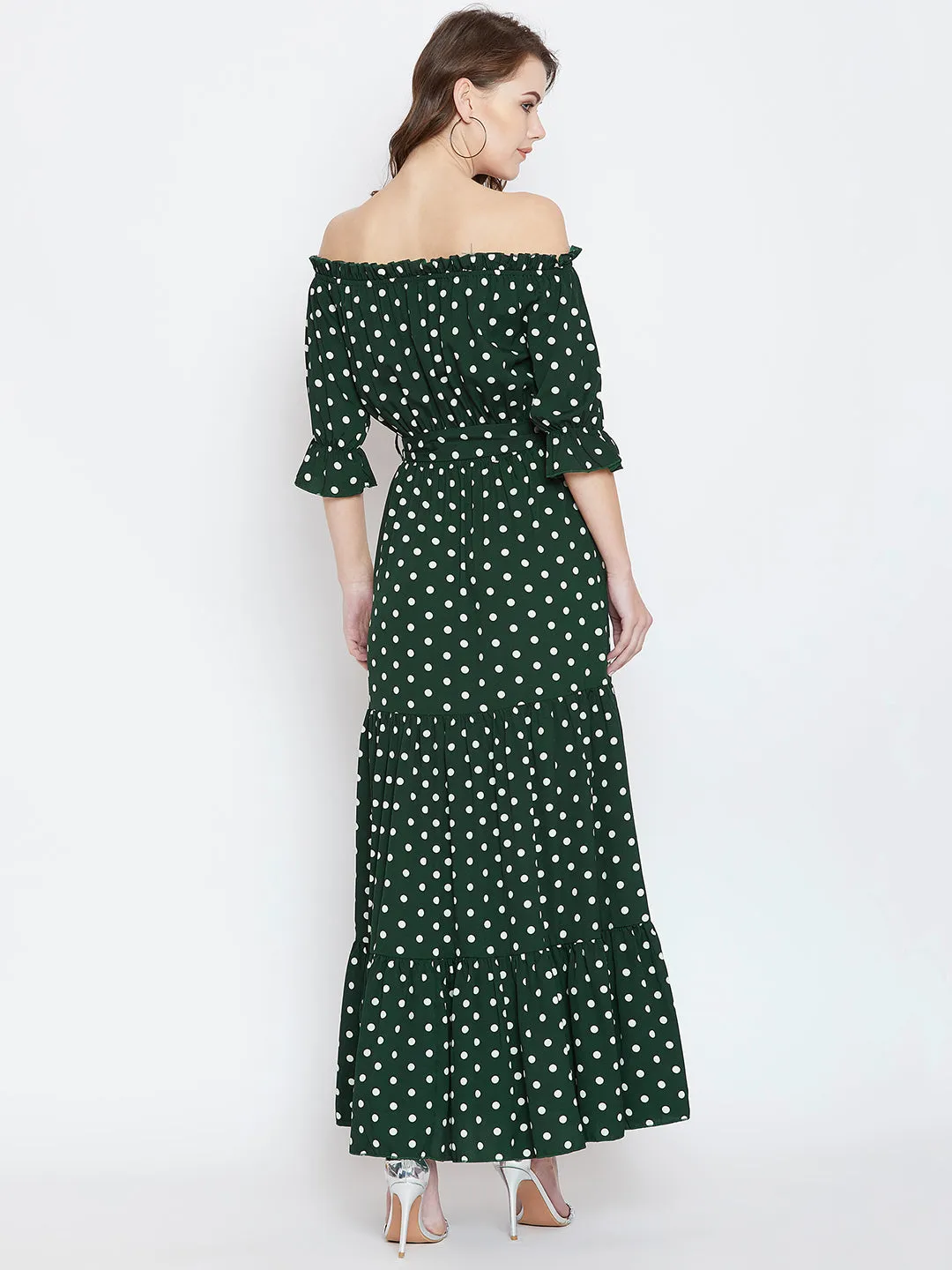 Berrylush Women Green & White Polka Dot Printed Off-Shoulder Waist Tie-Up Tiered Maxi Dress