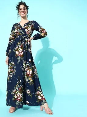 Berrylush Women Navy Blue Floral Printed Crepe A-Line Maxi Dress