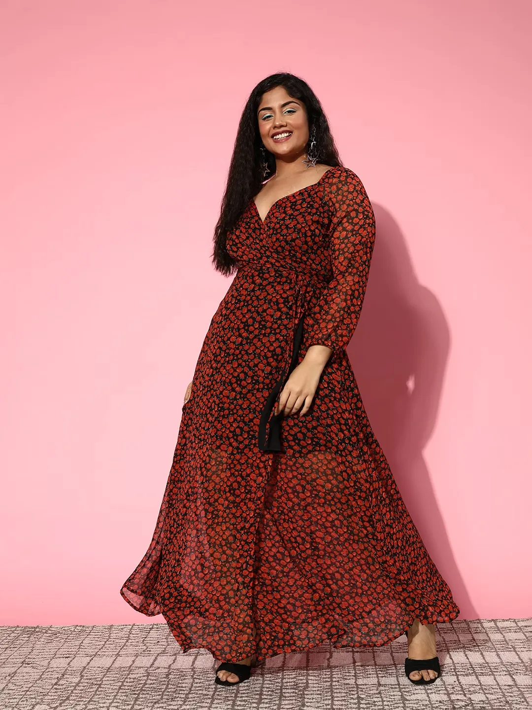 Berrylush Women Plus Size Black & Red Floral Printed Sweetheart Neck Waist Tie-Up Georgette Pleated Wrap Maxi Dress